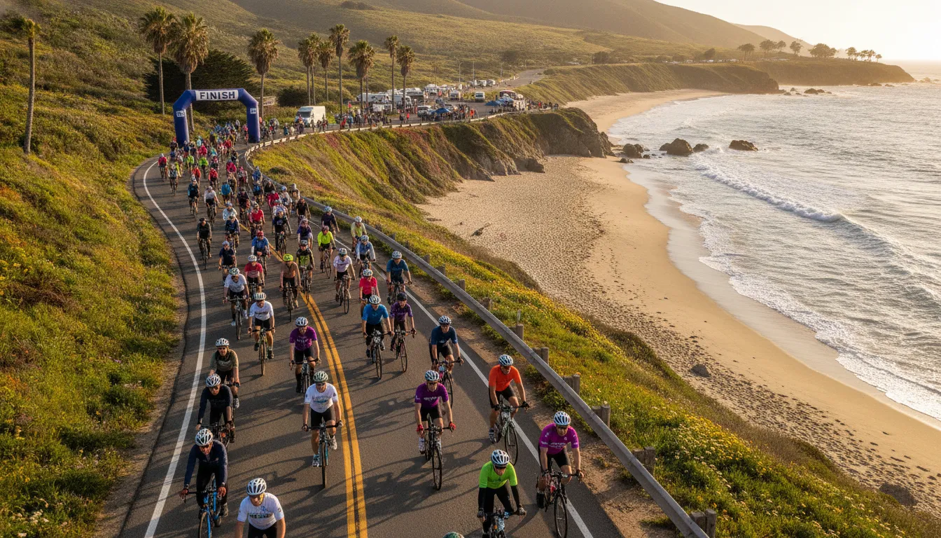 Community cyclists riding together in a cycling fundraiser