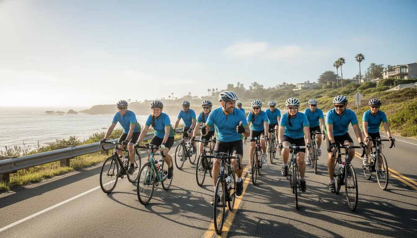 Charity riders using a cycling training plan on a coastal road