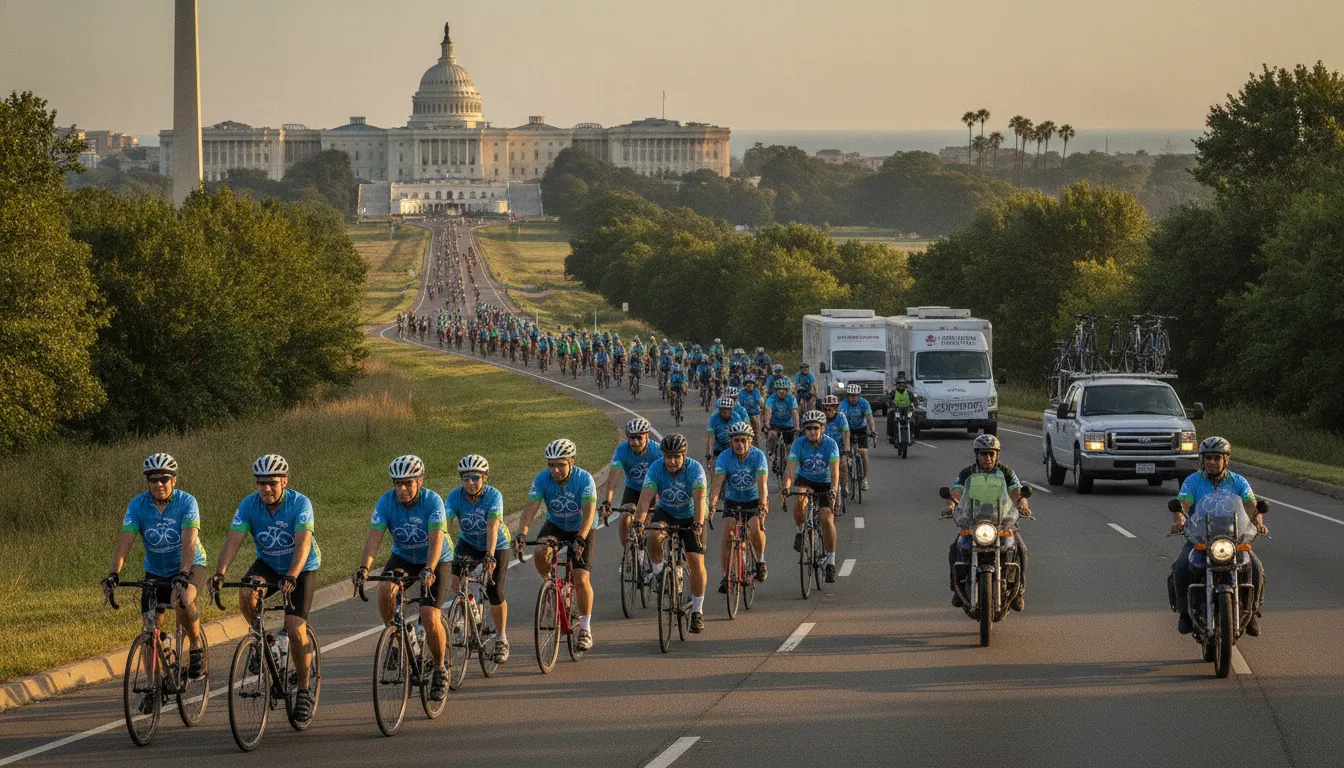 Cyclists on a DC charity bike ride toward a beach finish