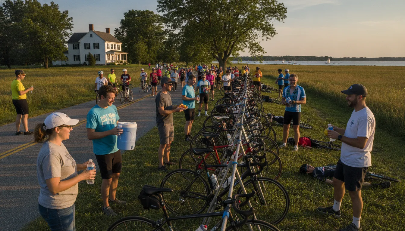 Volunteers supporting riders at a rest stop during a charity bike ride