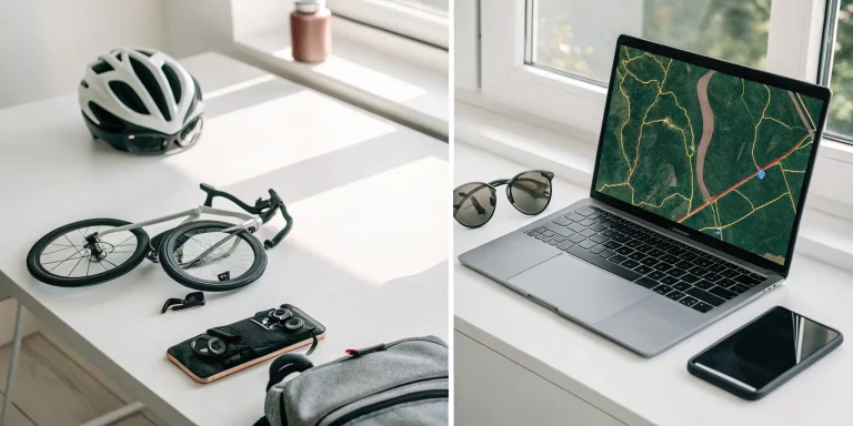Planning a 2025 century bike ride with gear, a helmet, and a route map on a laptop.