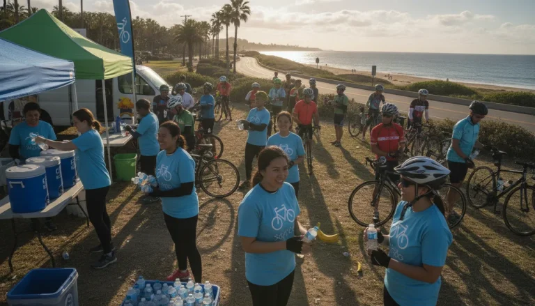 Community volunteers supporting cyclists at a charity bike ride rest stop