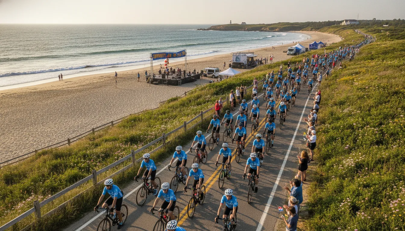 Cyclists riding together during a New England charity bike ride