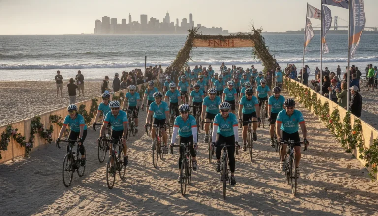 Community cyclists riding together toward a beach finish during a New York autism charity ride