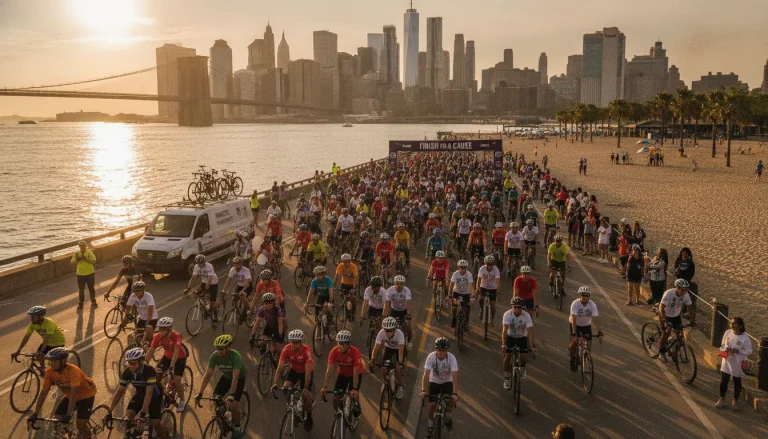 Riders in a New York charity cycling event heading toward a beach finish
