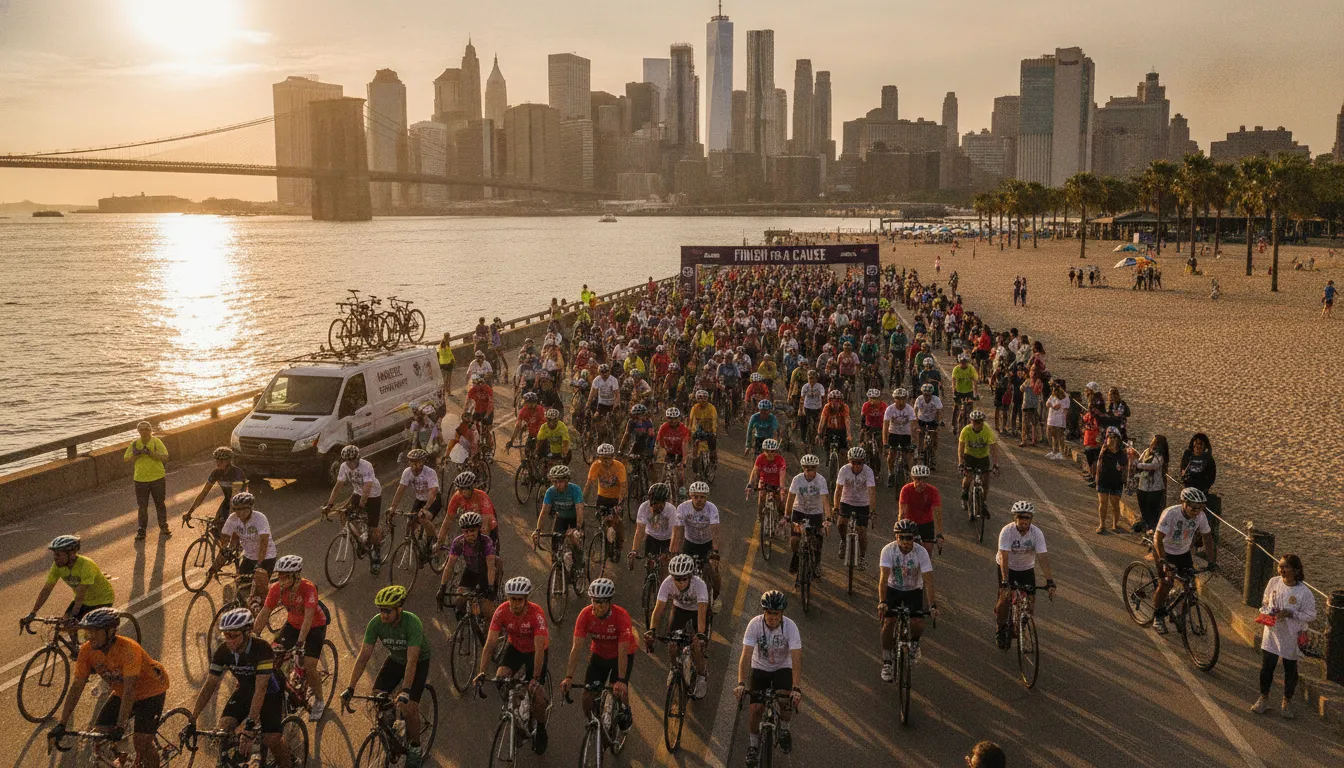 Riders in a New York charity cycling event heading toward a beach finish