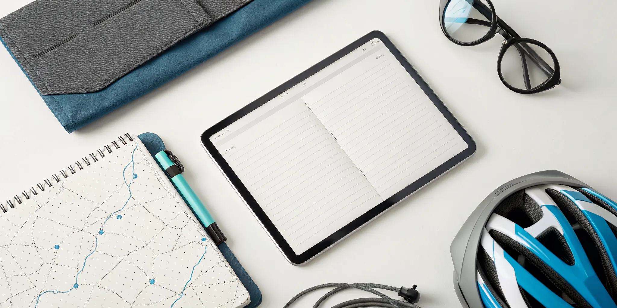 Century ride training plan PDF on a tablet next to a cycling helmet on a desk.