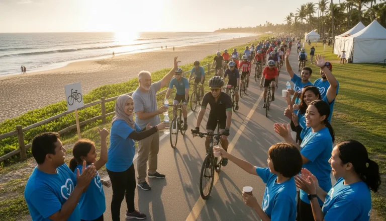 Volunteers supporting riders at a Bike to the Beach charity ride