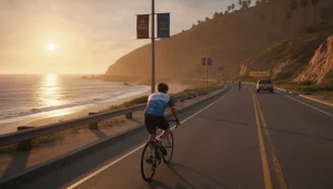 Cyclist riding a road bike along a scenic coastal route at sunrise