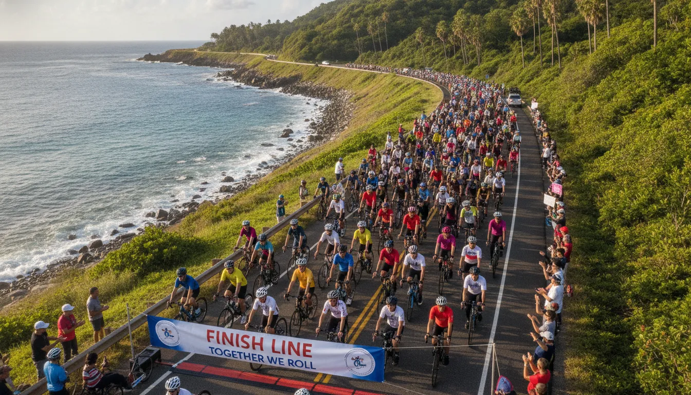 Diverse group of cyclists riding together on a scenic coastal road, inclusive community charity bike ride