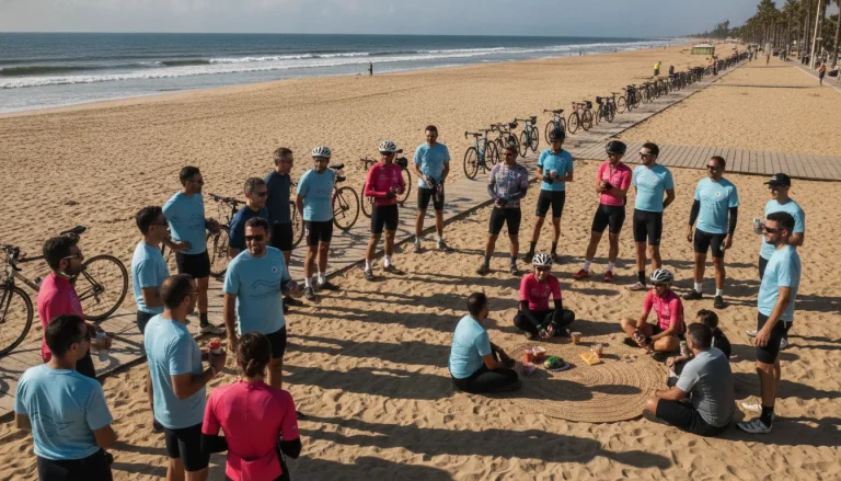 Community members and cyclists gathering at a sunny beachside charity ride event, smiling and talking in an inclusive atmosphere