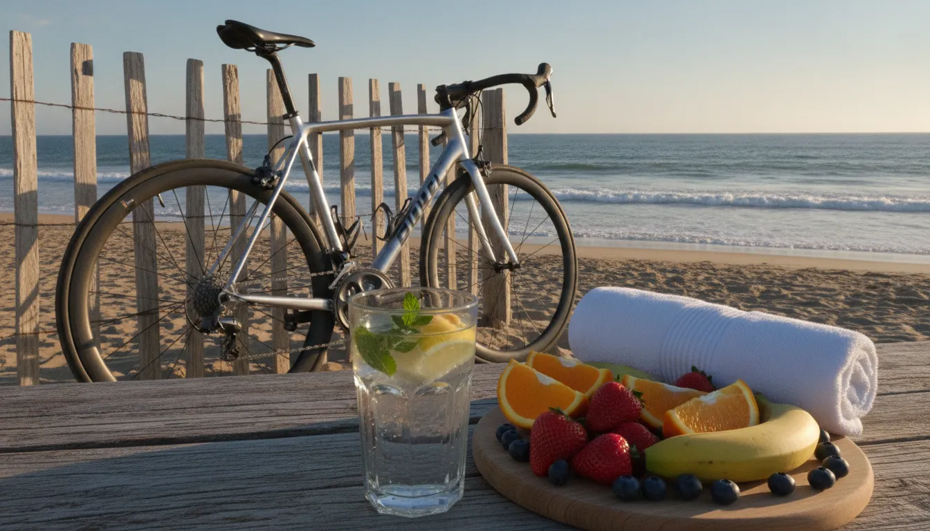 A road bicycle resting against a fence by the beach with fresh fruits and recovery water in the foreground