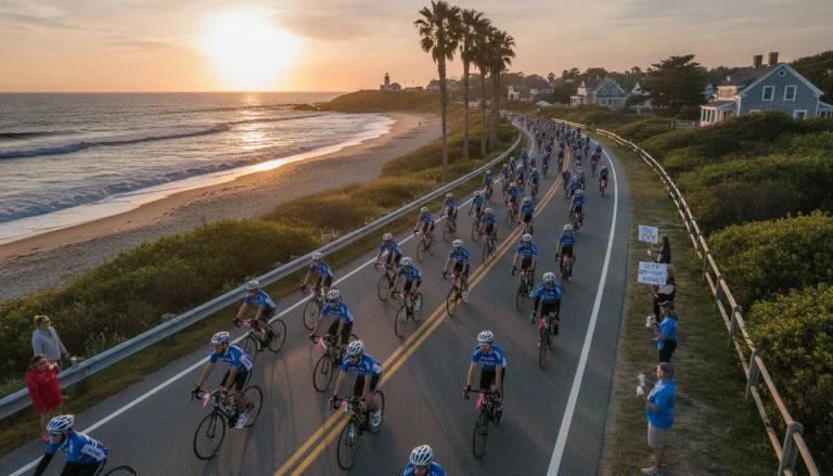 Cyclists riding along a scenic New England coastal road at sunset during a charity bike ride event