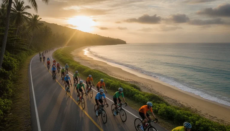 Cyclists riding toward a sunny beach at sunrise on a coastal road