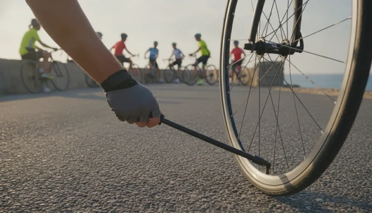 Close up of a bicycle tire and hand pump on a sunny coastal road, with blurred cyclists gathering in the background for a pre-ride charity event