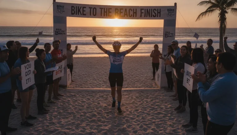 Cyclist celebrating at a beach finish with supporters cheering during a charity bike ride