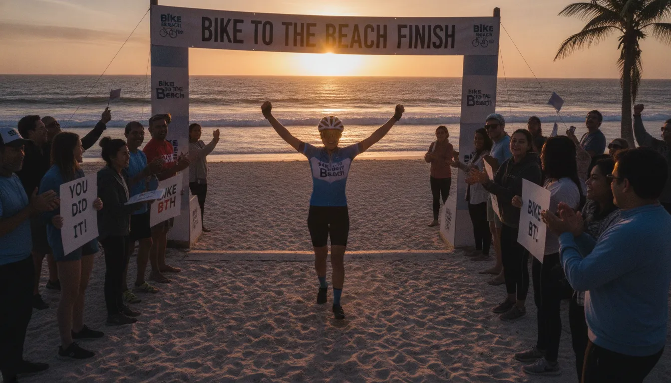 Cyclist celebrating at a beach finish with supporters cheering during a charity bike ride
