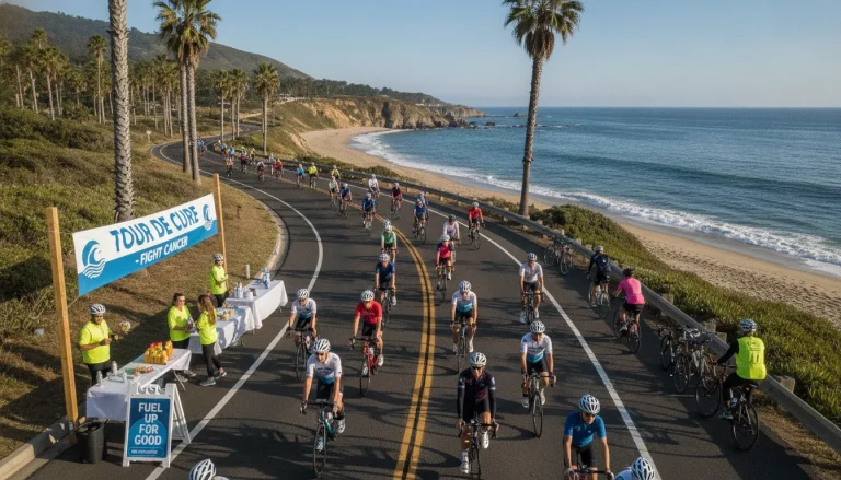 Cyclists riding along a scenic coastal road with ocean views during a charity bike ride event