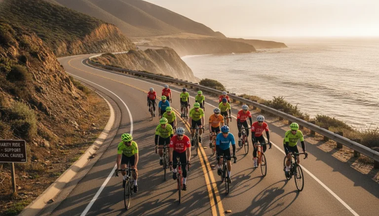 Group of cyclists wearing helmets and bright jerseys riding together on a scenic coastal road during golden hour