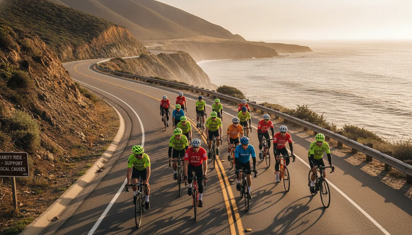 Group of cyclists wearing helmets and bright jerseys riding together on a scenic coastal road during golden hour