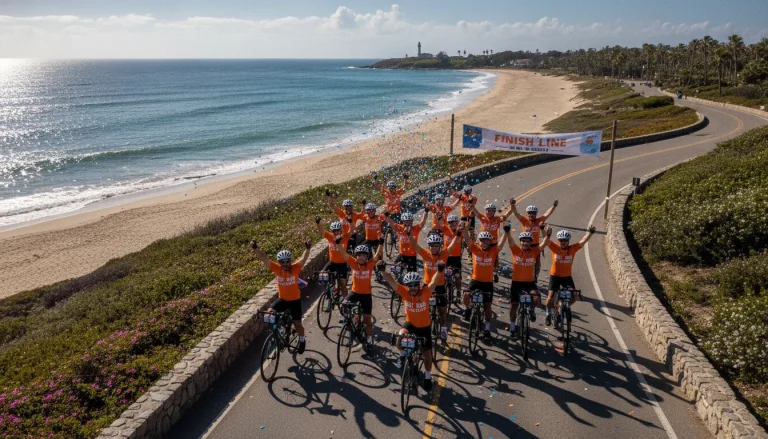 Group of cyclists riding together on a sunny coastal road during a Bike to the Beach charity event