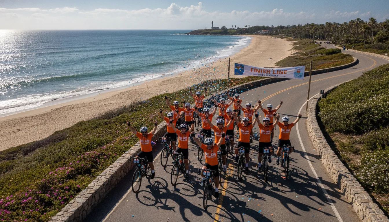 Group of cyclists riding together on a sunny coastal road during a Bike to the Beach charity event