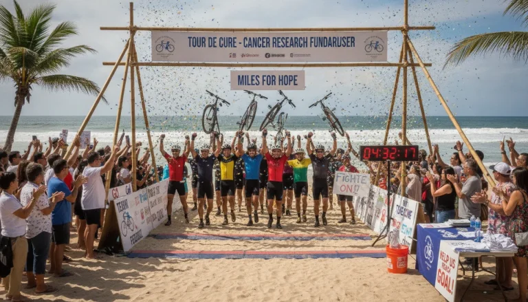 Cyclists celebrating at a beach finish with fundraising supporters cheering