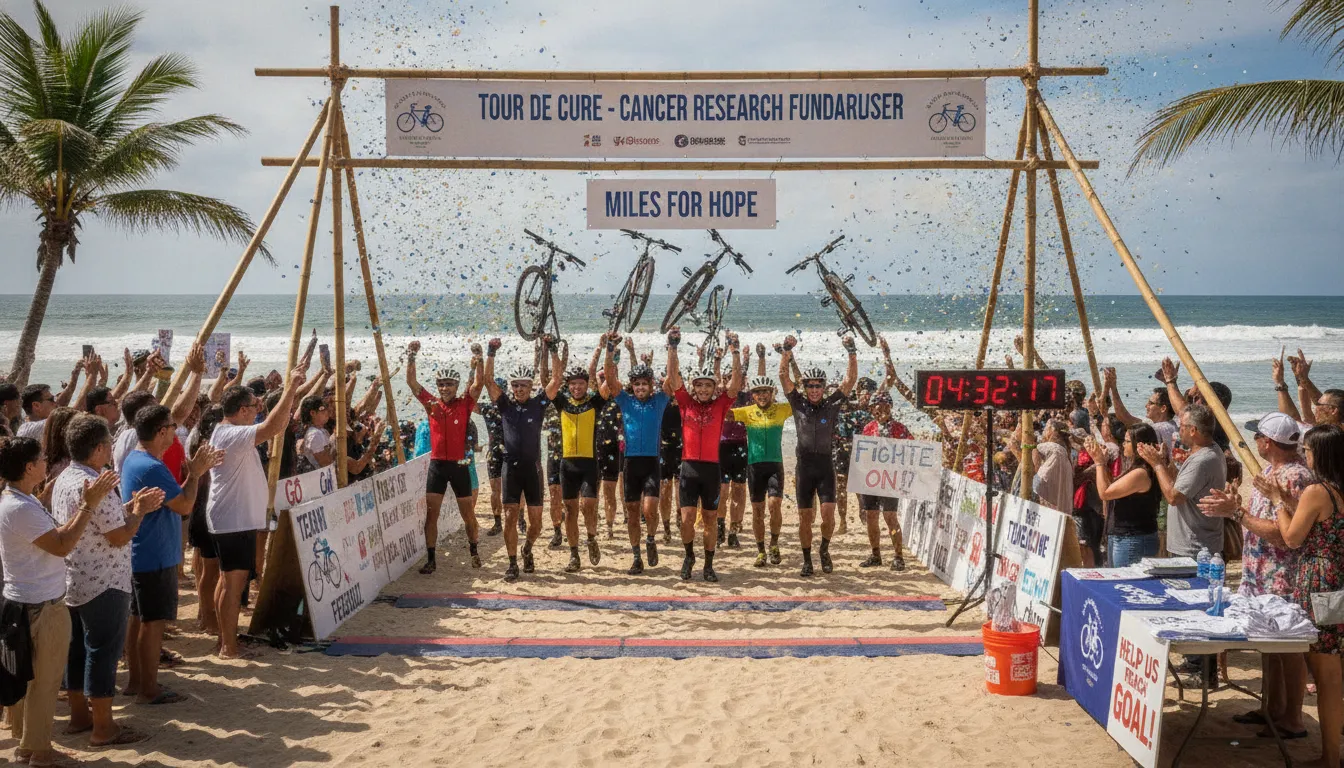 Cyclists celebrating at a beach finish with fundraising supporters cheering