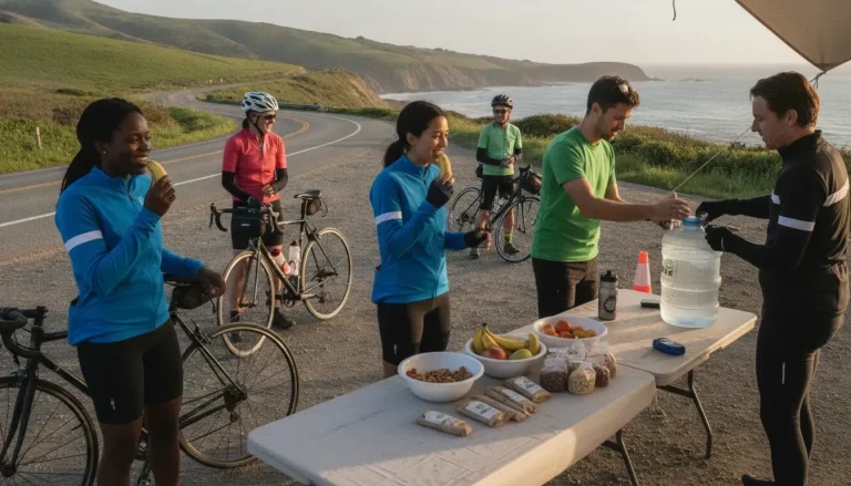 Cyclists refuel and hydrate at a rest stop during a long charity ride