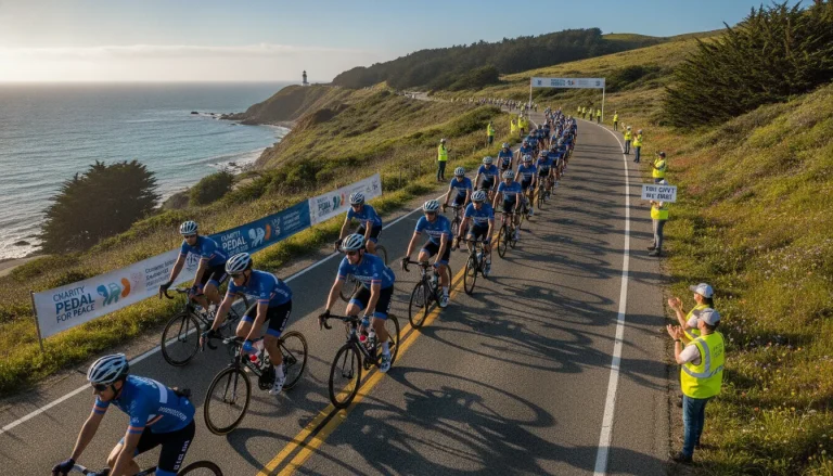 Group of cyclists riding together in a paceline on a scenic road