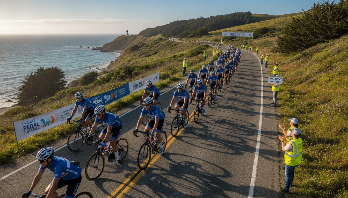 Group of cyclists riding together in a paceline on a scenic road