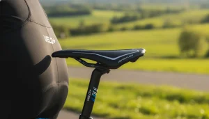 A clean modern bicycle saddle with comfortable bib shorts in a sunny outdoor setting