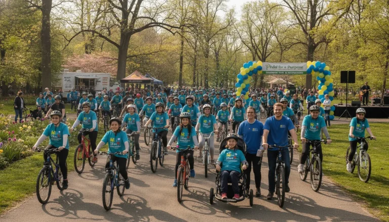 Local service providers and families at a Bike to the Beach autism charity event