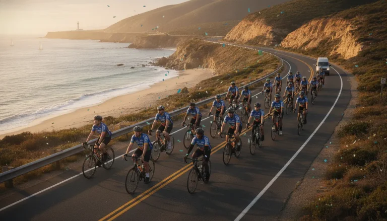 Diverse group of cyclists riding together on a scenic coastal road at golden hour for a charity cycling event