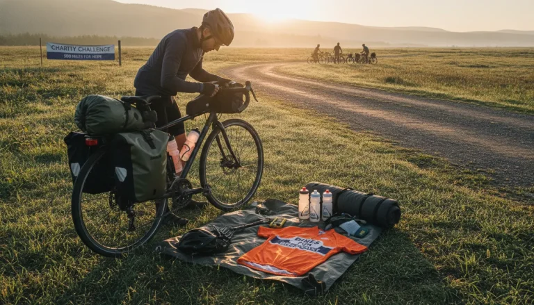 Cyclist packing gear bags next to a bicycle at sunrise preparing for a charity bike ride