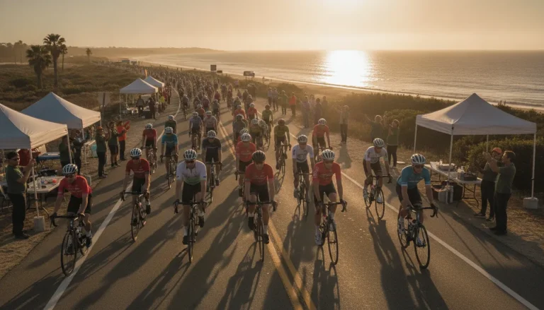 Group of charity cyclists riding together on a scenic coastal road toward a beach finish
