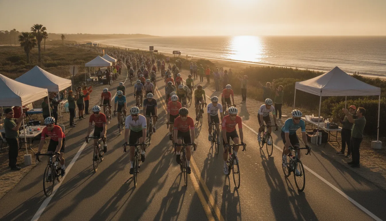 Group of charity cyclists riding together on a scenic coastal road toward a beach finish
