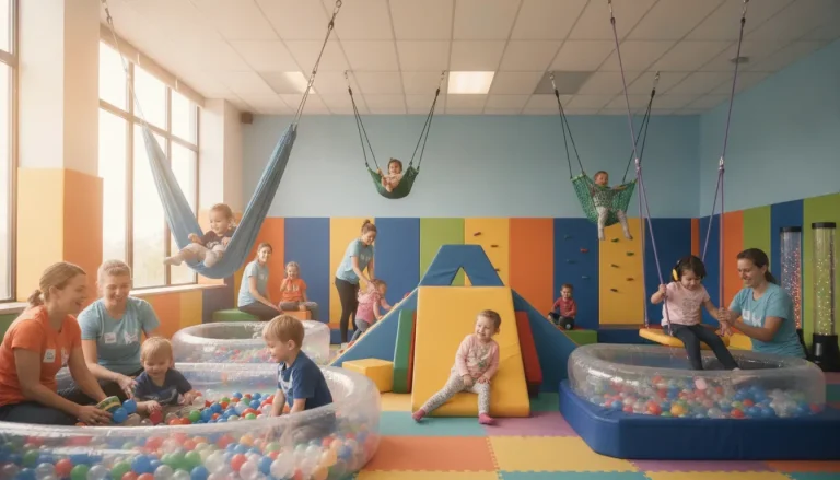 Children playing on adaptive playground equipment at a school, bright outdoor setting, inclusive and joyful atmosphere