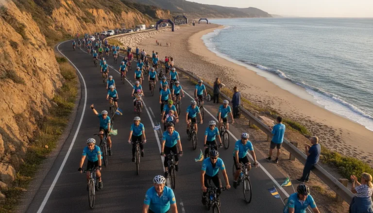 Community cyclists riding together toward a beach for an autism charity event