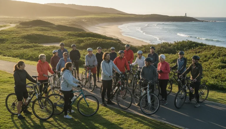 Cyclists and volunteers gathered at a scenic coastal park