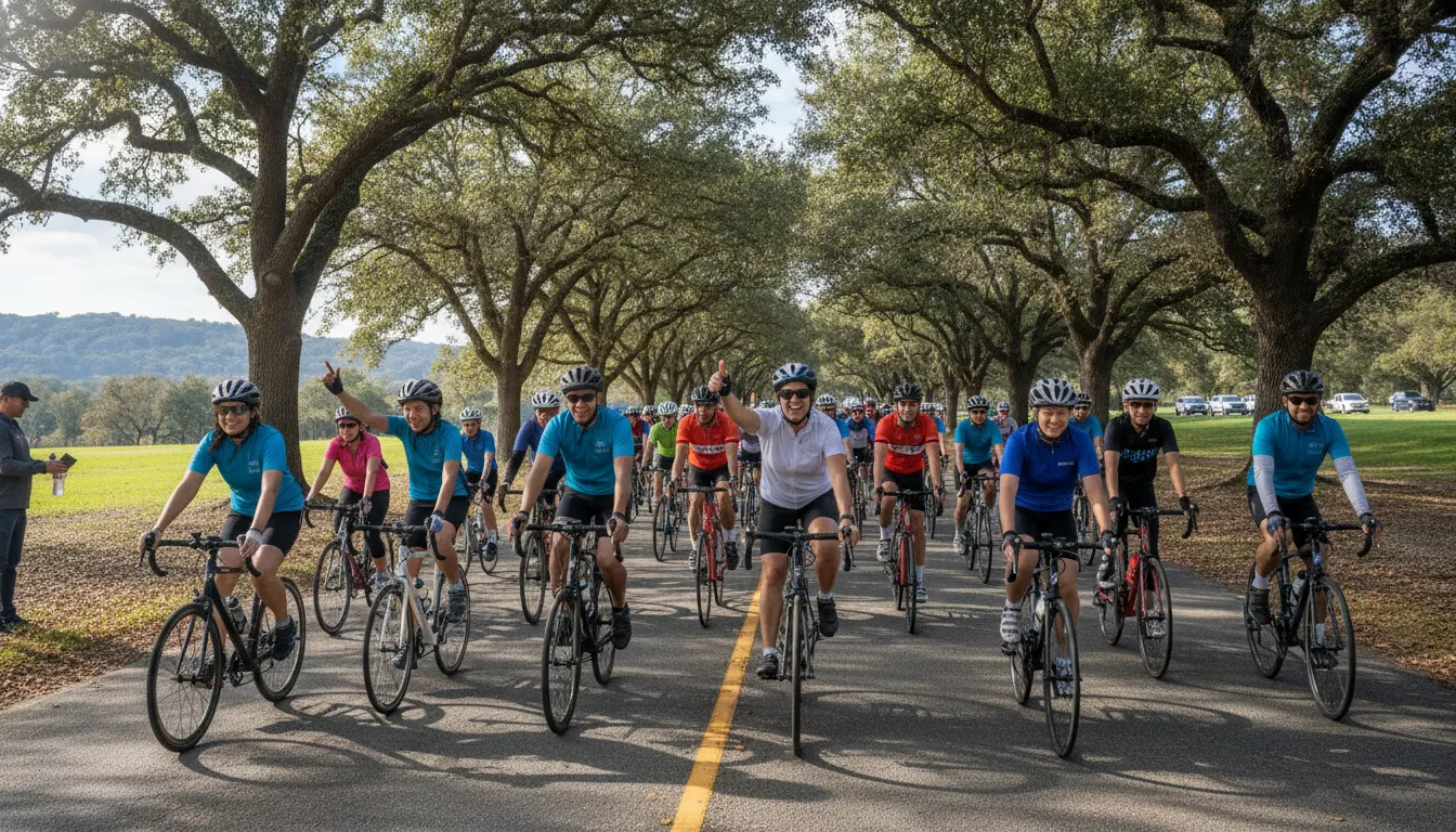 Community cyclists riding together during a bike-a-thon fundraiser