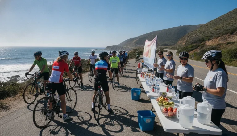 Charity bike ride rest stops with riders and volunteers