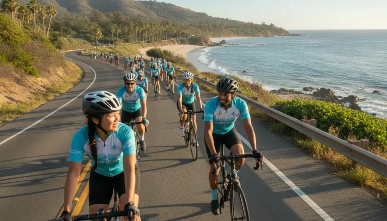 Charity donation page campaign represented by cyclists riding together on a coastal road