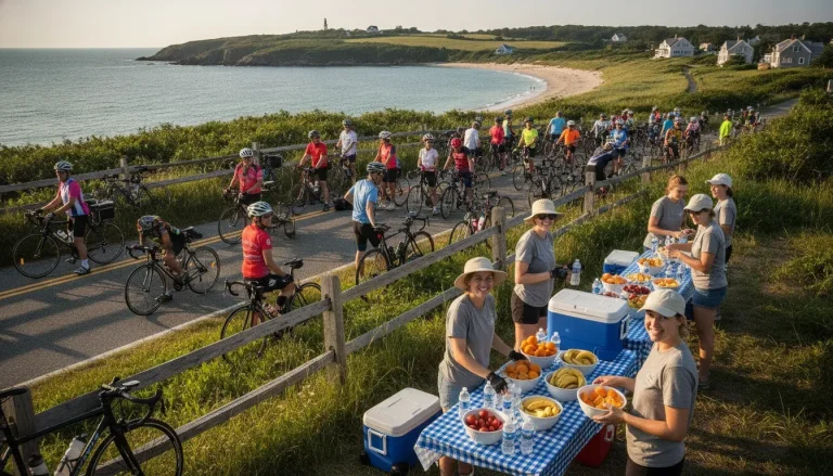 Cyclists at a rest stop with volunteers handing out water and snacks on a scenic coastal route, supportive community atmosphere