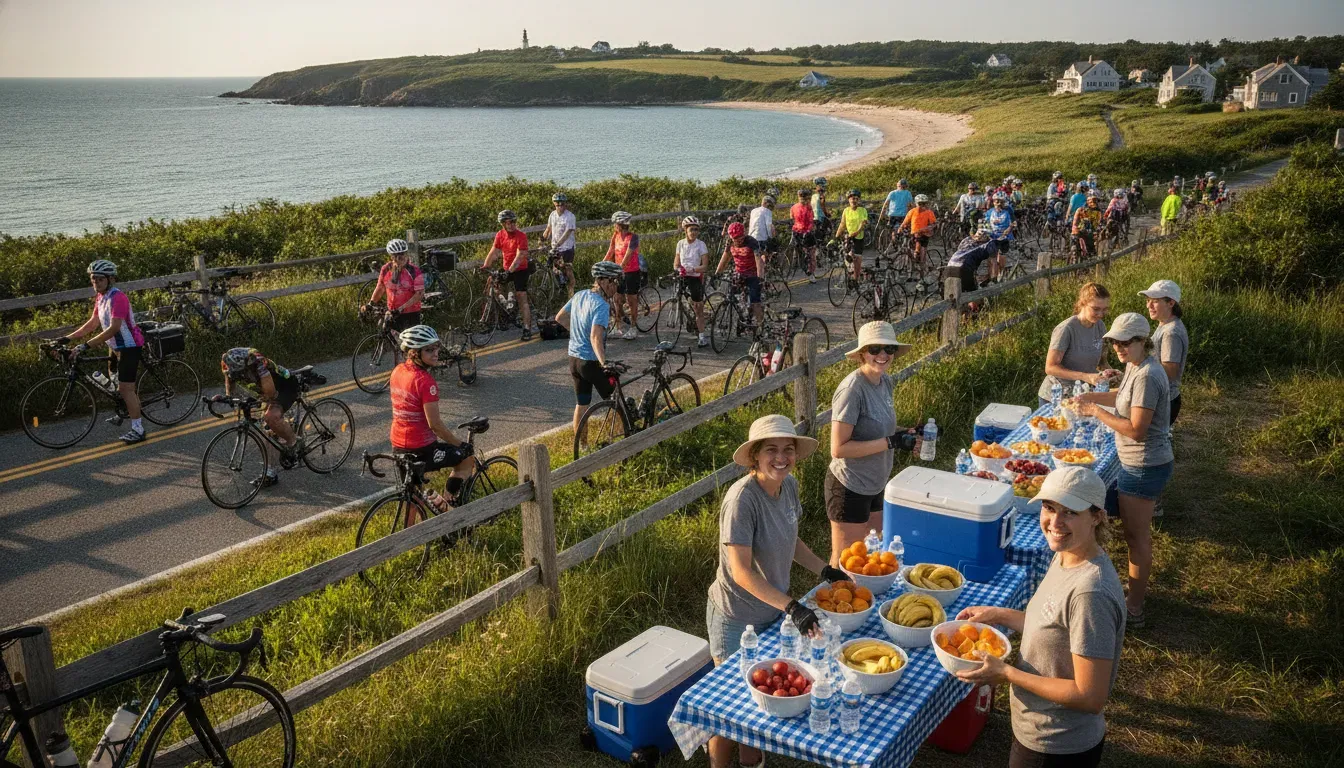 Cyclists at a rest stop with volunteers handing out water and snacks on a scenic coastal route, supportive community atmosphere