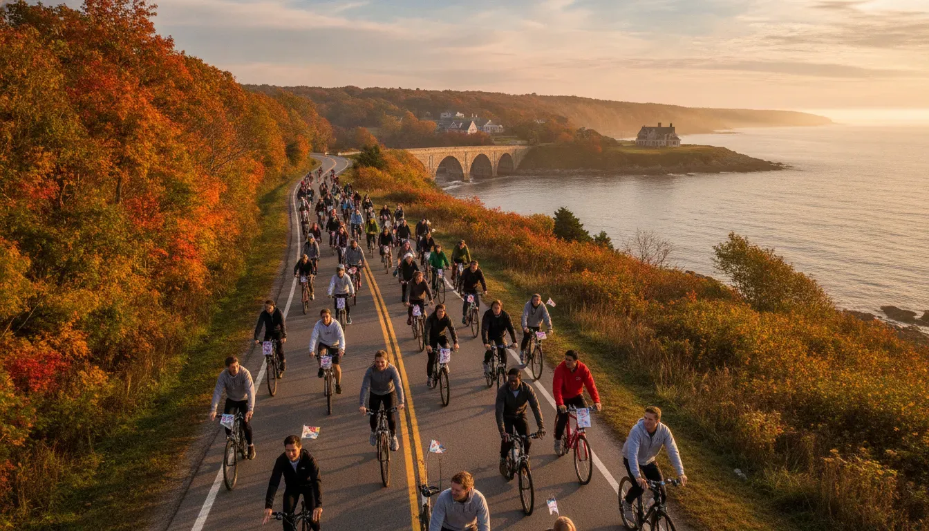 College students cycling together on a scenic New England coastal road, warm autumn light, community charity bike ride