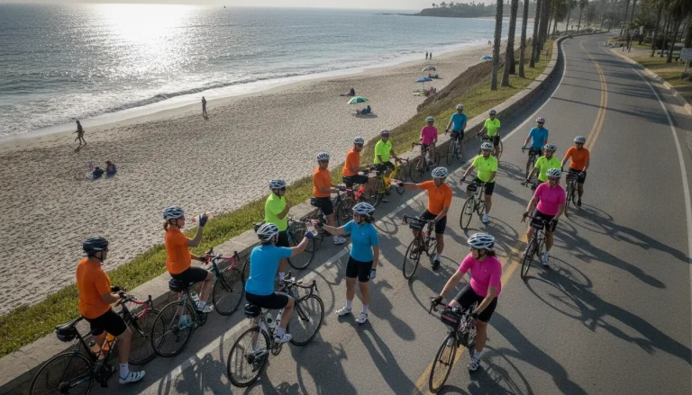 Cyclists in bright jerseys pause on a sunny coastal road to take a water break during a charity ride