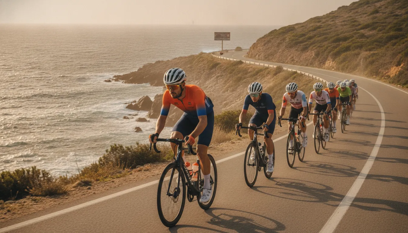 Cyclist riding on a scenic coastal road during a weekly cycling training schedule