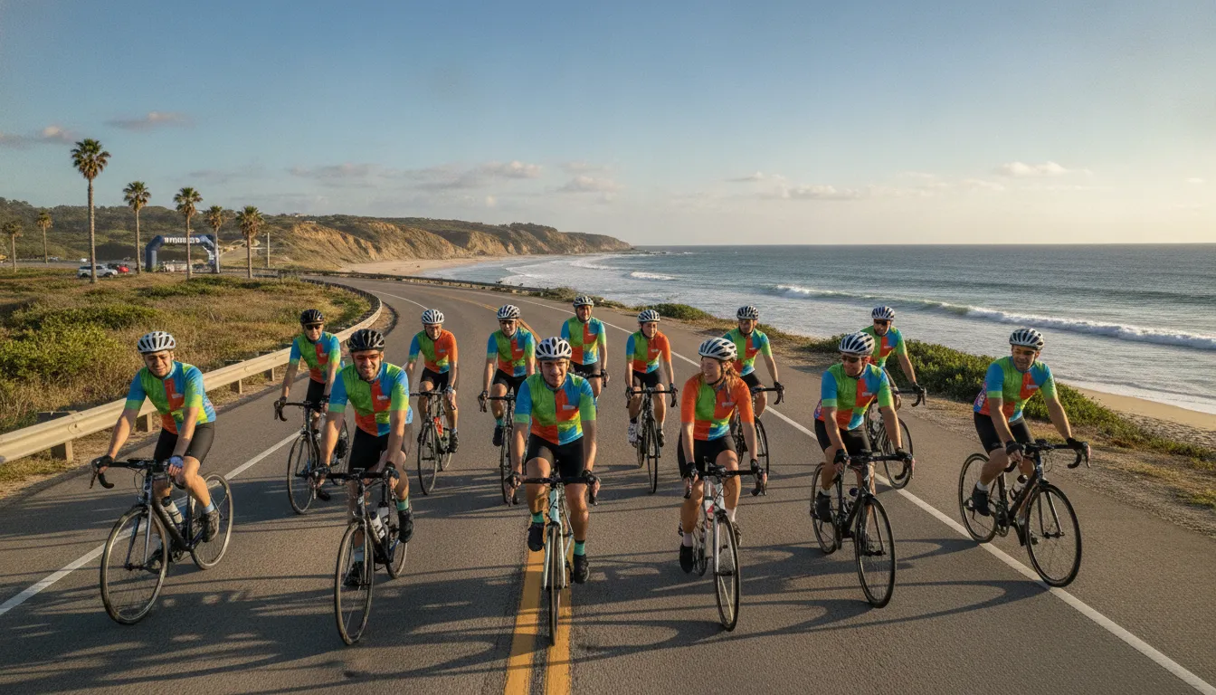 Coworkers cycling together on a scenic coastal road for a corporate charity ride