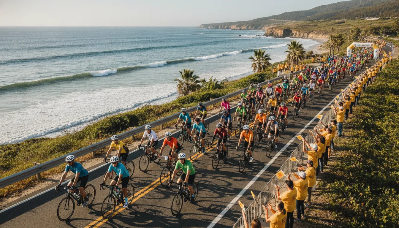 Cyclists and community supporters at a nonprofit fundraising event